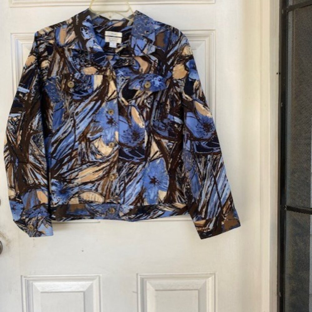 Christopher & Banks Jacket Blue Brown & Tan Design Long Sleeve Button Front Lg